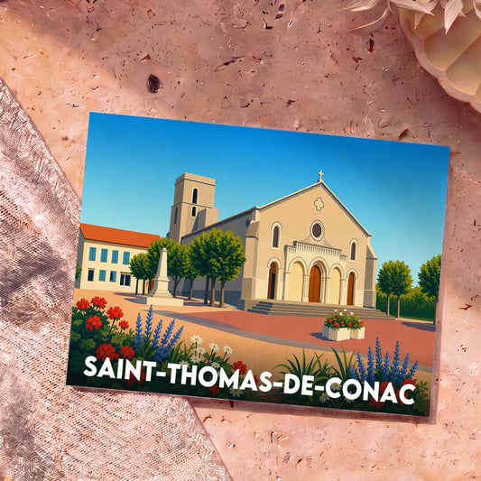 Carte postale souvenir de la ville de Saint-Thomas-de-Conac avec une illustration stylisée de son église et de sa place fleurie.