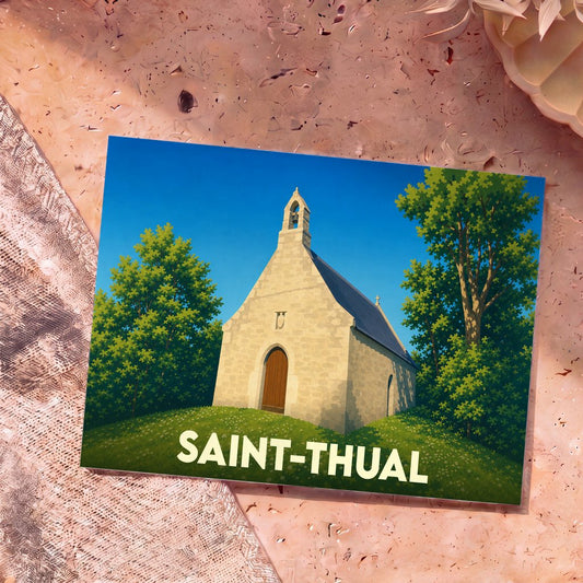 Carte postale souvenir de la ville de Saint-Thual avec une illustration stylisée d'une petite chapelle en pierre.
