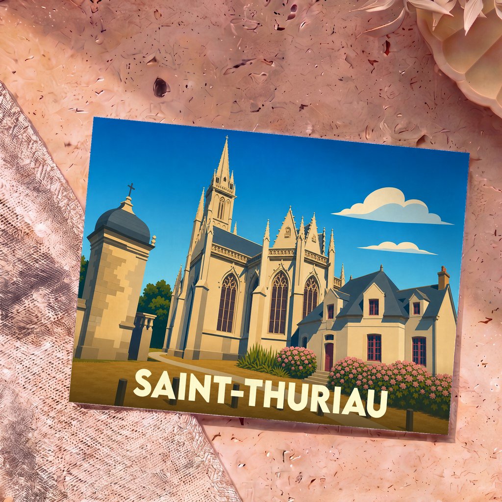 Carte postale souvenir de Saint-Thuriau présentant une illustration stylisée de son église sous un ciel bleu.