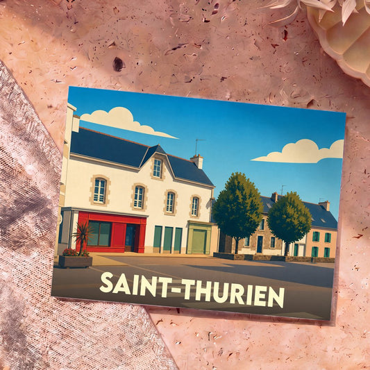 Carte postale souvenir de la ville de Saint-Thurien avec une illustration stylisée de ses façades typiques.