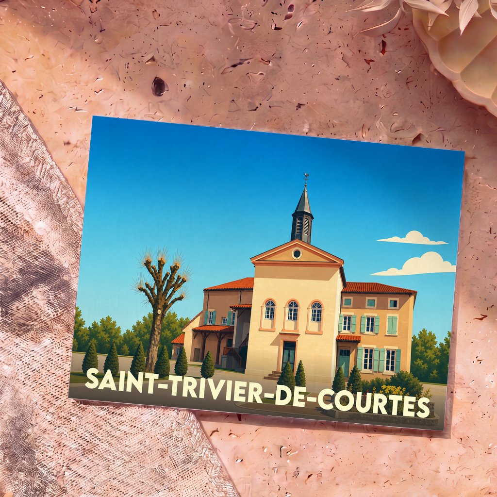 Carte postale souvenir de la ville de Saint-Trivier-de-Courtes avec une illustration stylisée de son église.