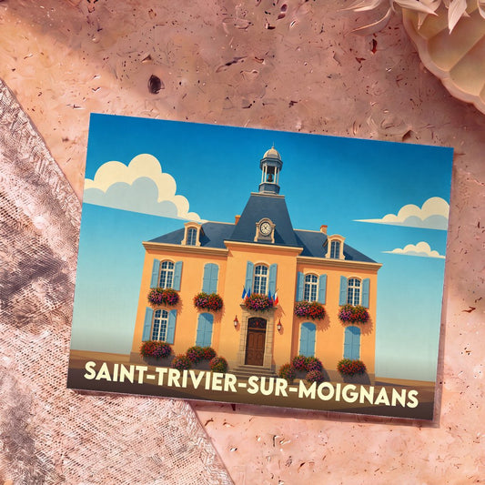 Carte postale souvenir de la ville de Saint-Trivier-sur-Moignans avec une illustration stylisée de sa mairie fleurie.