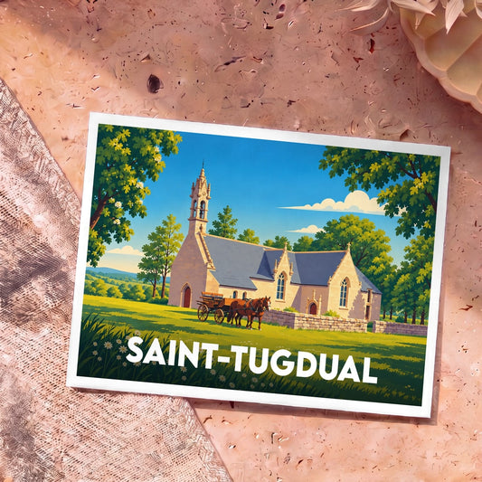 Carte postale souvenir de Saint-Tugdual illustrant une église bretonne et un attelage de chevaux dans un style vintage.