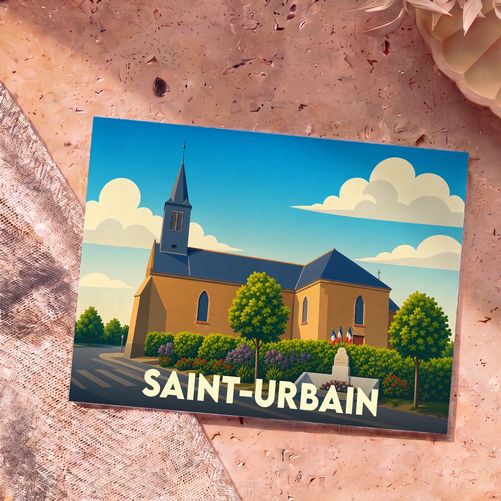 Carte postale souvenir de la ville de Saint-Urbain avec une illustration stylisée de son église sous un ciel bleu.