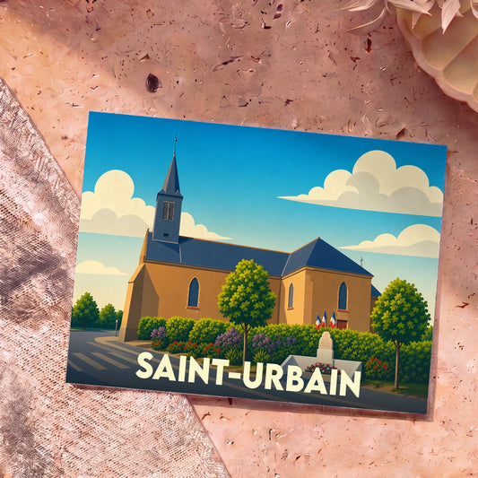 Carte postale souvenir de la ville de Saint-Urbain avec une illustration stylisée de son église sous un ciel bleu.