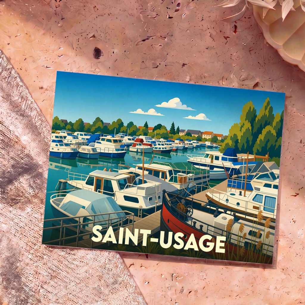 Carte postale souvenir de la ville de Saint-Usage avec une illustration stylisée d'un port de plaisance.