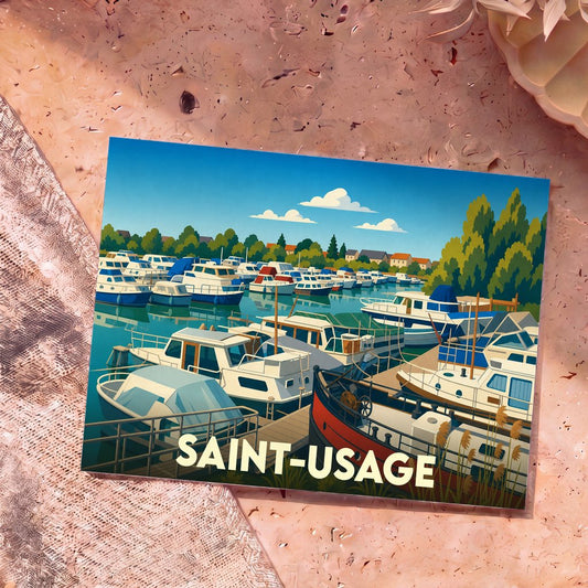 Carte postale souvenir de la ville de Saint-Usage avec une illustration stylisée d'un port de plaisance.