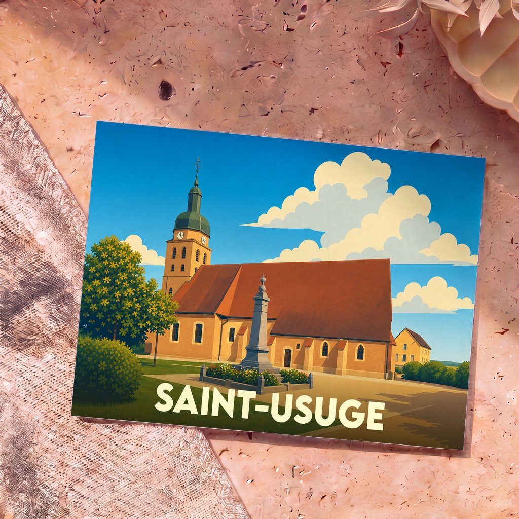 Carte postale souvenir de la ville de Saint-Usuge présentant une illustration stylisée de son église sous un ciel azur.