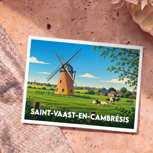 Carte postale souvenir de Saint-Vaast-en-Cambrésis illustrant un moulin à vent et des vaches dans un paysage rural stylisé.