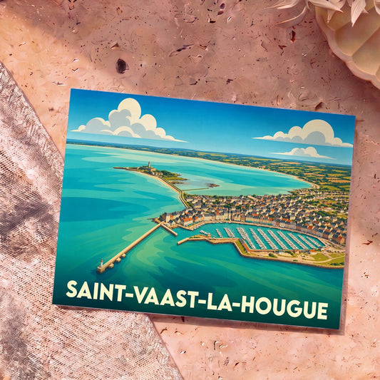 Carte postale souvenir de la ville de Saint-Vaast-la-Hougue avec une illustration stylisée du port et de la côte.