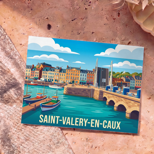 Carte postale souvenir de la ville de Saint-Valery-en-Caux avec une illustration stylisée de son port.