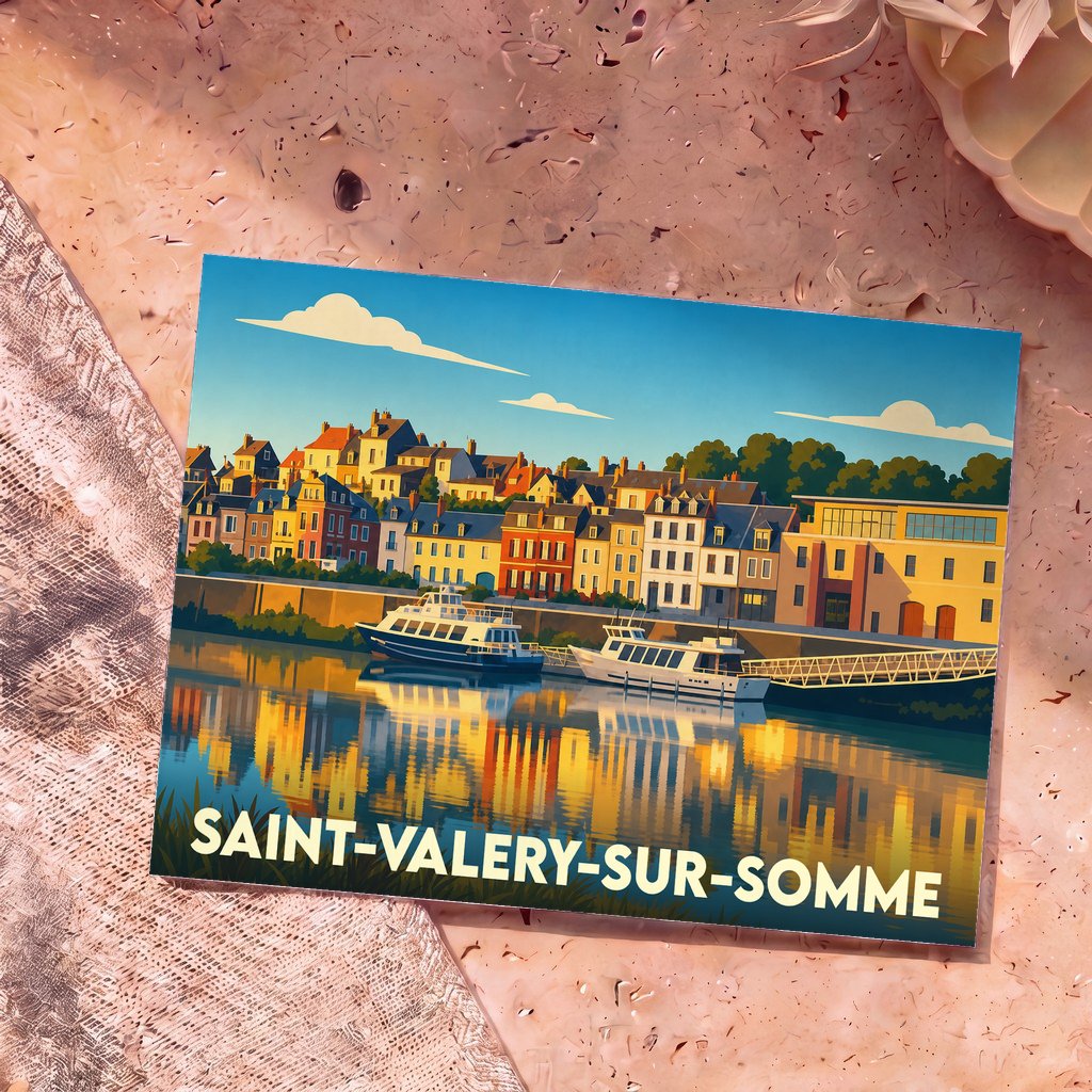 Carte postale souvenir de la ville de Saint-Valery-sur-Somme avec une illustration stylisée de son front de mer.