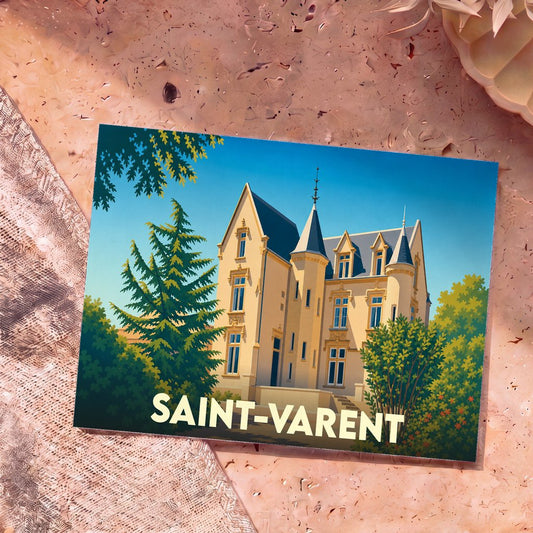 Carte postale souvenir de la ville de Saint-Varent avec une illustration stylisée de son château.