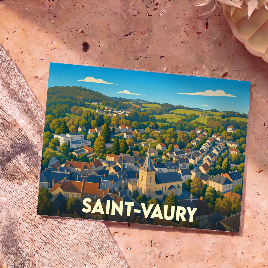Carte postale souvenir de la ville de Saint-Vaury avec une illustration stylisée d'un village vallonné.