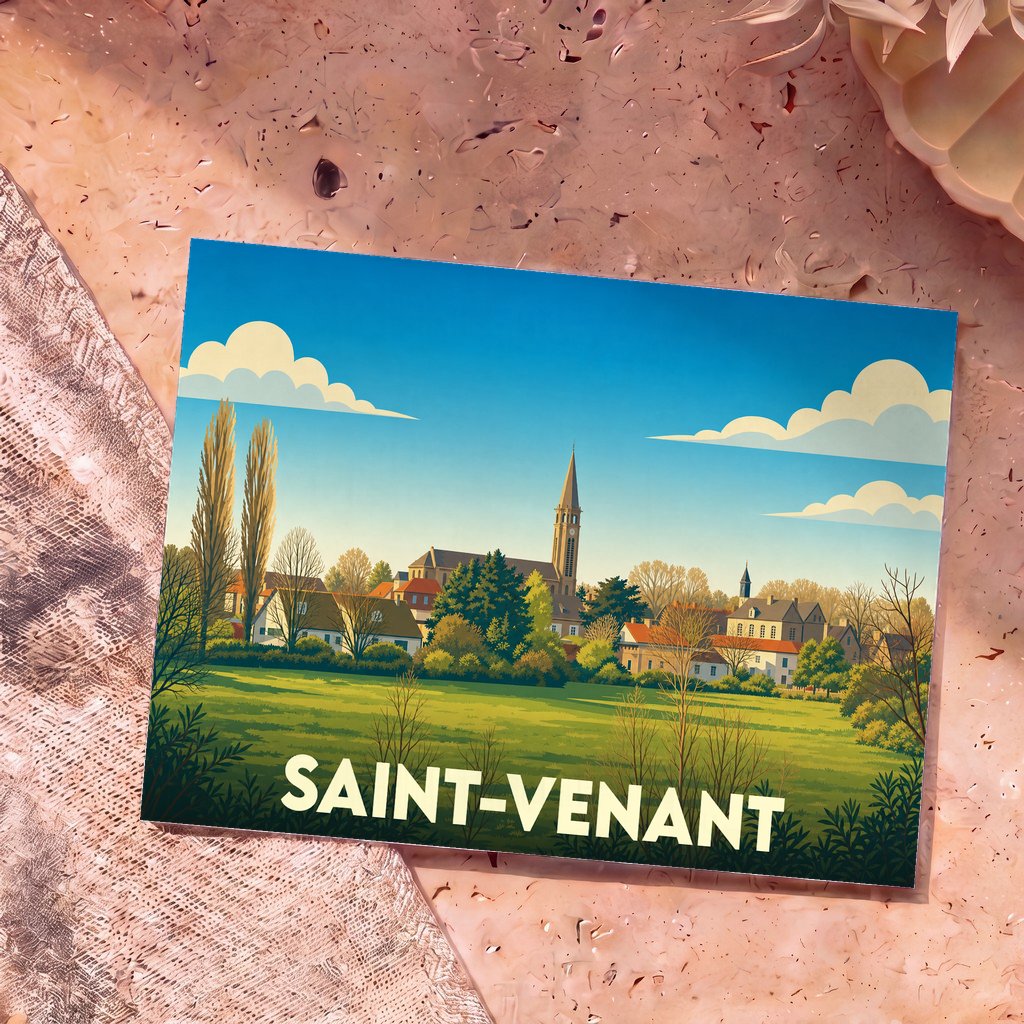 Carte postale souvenir de la ville de Saint-Venant avec une illustration stylisée d'un paysage urbain verdoyant.