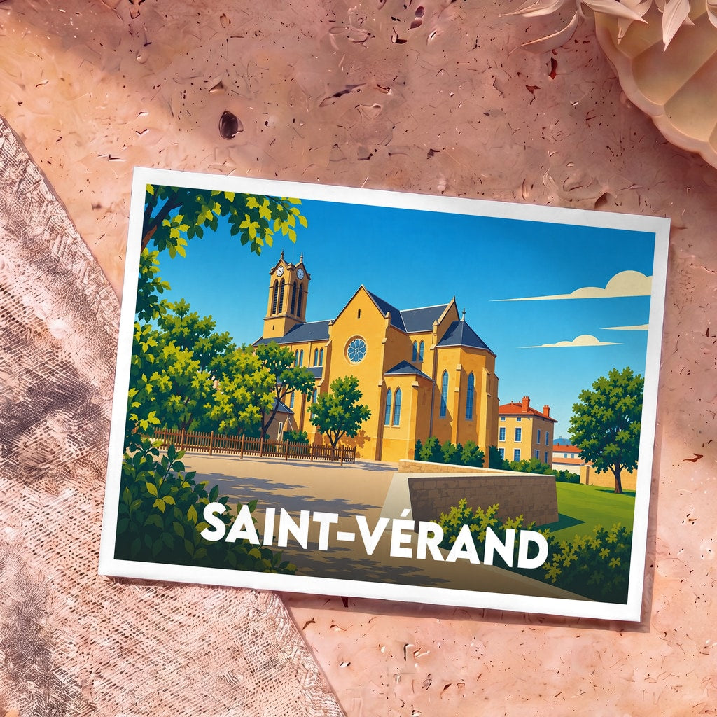 Carte postale souvenir de la ville de Saint-Vérand avec une illustration stylisée de son église sous un ciel bleu.