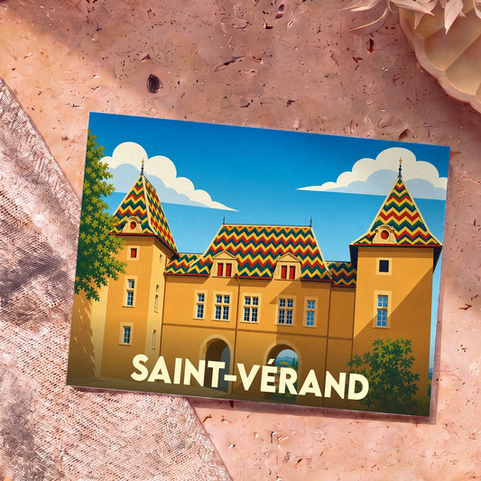 Carte postale souvenir de la ville de Saint-Vérand illustrant son château au toit coloré dans un style graphique épuré.
