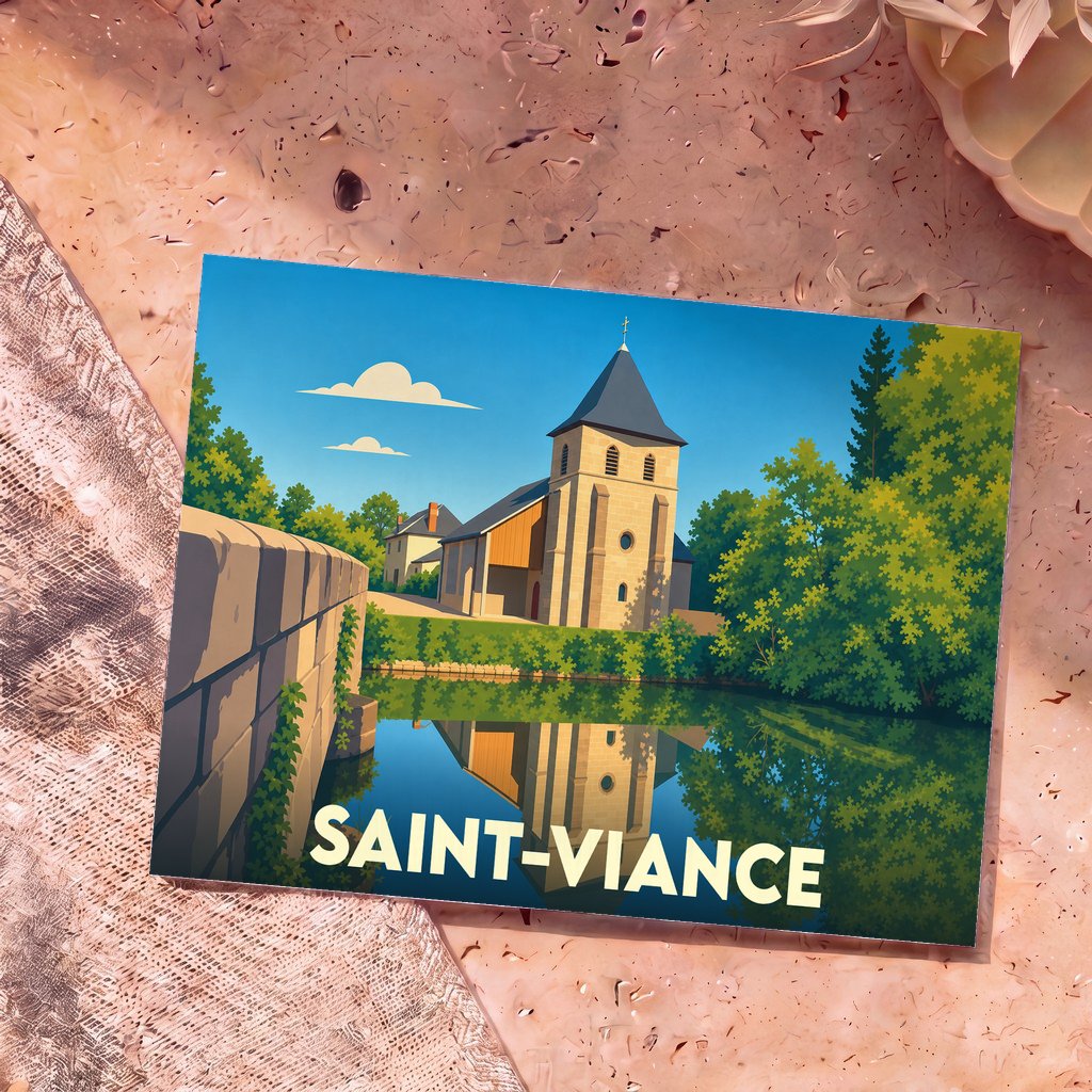 Carte postale souvenir de Saint-Viance avec une illustration stylisée d'une église se reflétant dans l'eau.