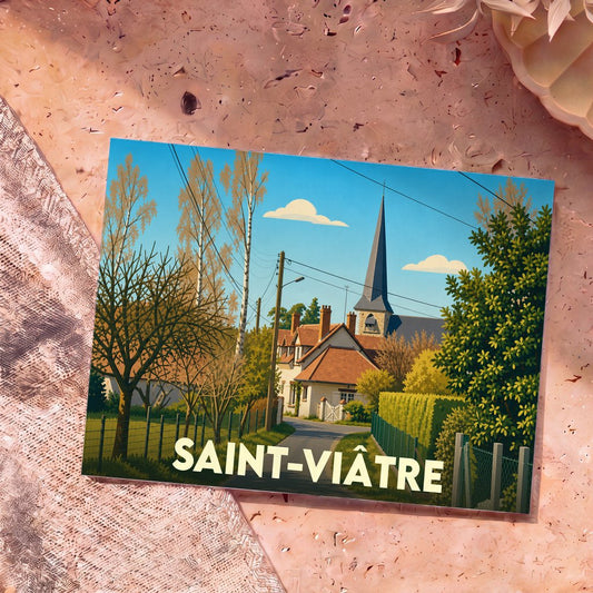 Carte postale souvenir de la ville de Saint-Viâtre avec une illustration colorée représentant son église et ses maisons.