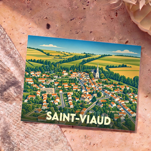 Carte postale souvenir de la ville de Saint-Viaud avec une illustration stylisée vue du ciel.