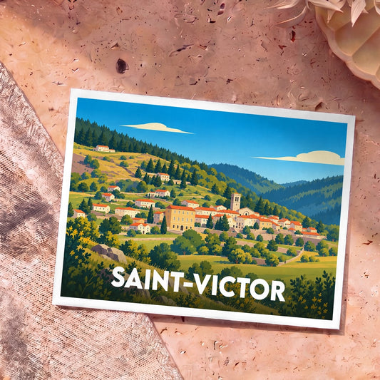Carte postale souvenir de la ville de Saint-Victor avec une illustration stylisée de ses paysages vallonnés.