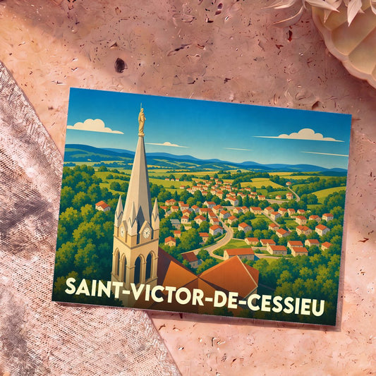 Carte postale souvenir de la ville de Saint-Victor-de-Cessieu avec une illustration stylisée d'un clocher surplombant le village.