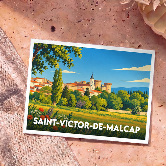 Carte postale souvenir de la ville de Saint-Victor-de-Malcap avec une illustration stylisée d'un village médiéval sous un ciel bleu.