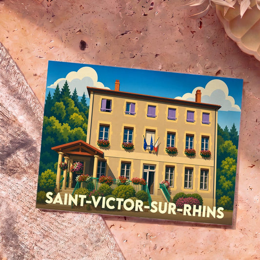 Carte postale souvenir de la ville de Saint-Victor-sur-Rhins illustrant une mairie fleurie dans un style graphique épuré.