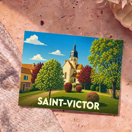 Carte postale souvenir de la ville de Saint-Victor avec une illustration stylisée d'une église entourée de jardins.