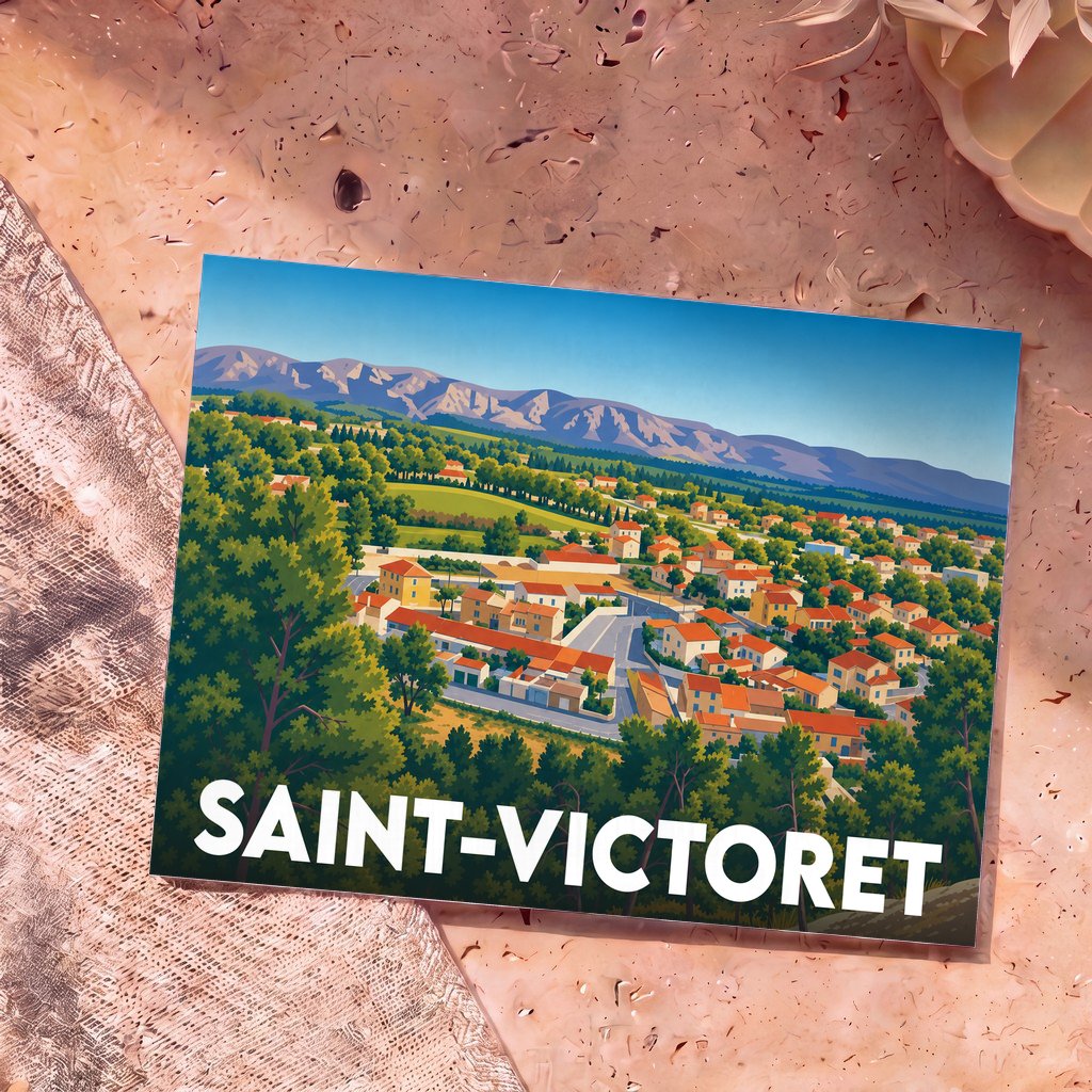 Carte postale souvenir de la ville de Saint-Victoret illustrant un panorama coloré entre habitations et montagnes.