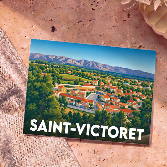 Carte postale souvenir de la ville de Saint-Victoret illustrant un panorama coloré entre habitations et montagnes.