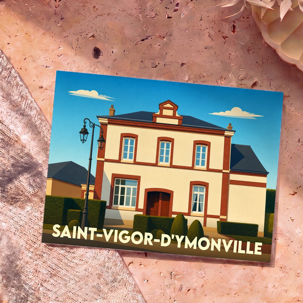 Carte postale souvenir de la ville de Saint-Vigor-d'Ymonville avec une illustration stylisée de son architecture locale.