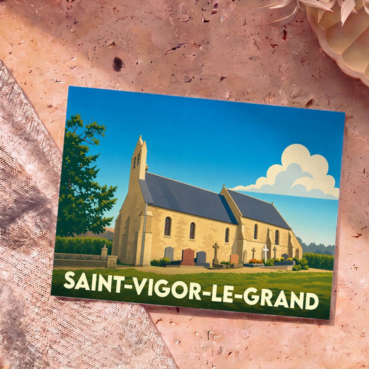 Carte postale souvenir de la ville de Saint-Vigor-le-Grand illustrant son église et son cimetière dans un style graphique épuré.