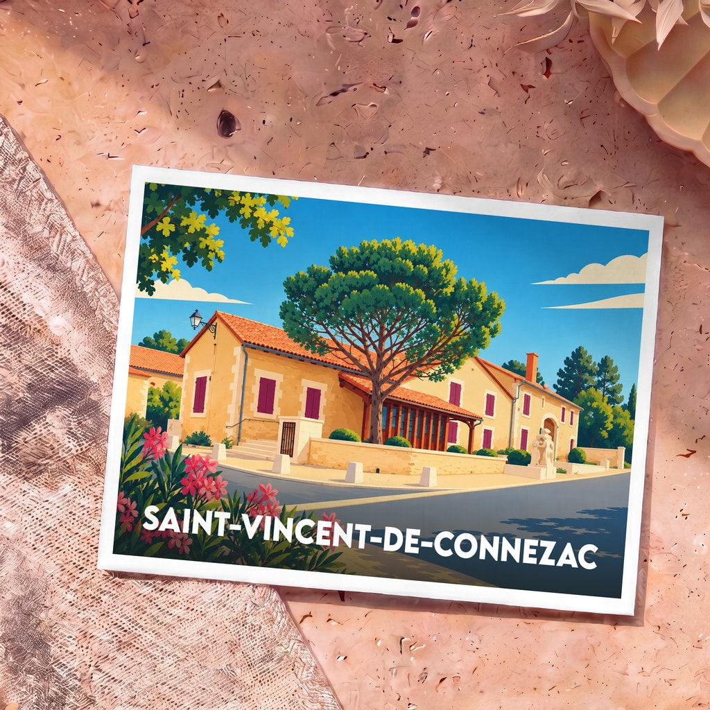 Carte postale souvenir de la ville de Saint-Vincent-de-Connezac avec une illustration stylisée d'un bâtiment typique.