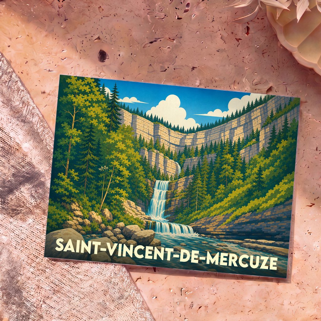 Carte postale souvenir de Saint-Vincent-de-Mercuze illustrant une cascade et des falaises boisées dans un style graphique épuré.