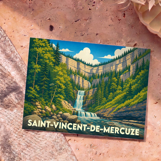 Carte postale souvenir de Saint-Vincent-de-Mercuze illustrant une cascade et des falaises boisées dans un style graphique épuré.
