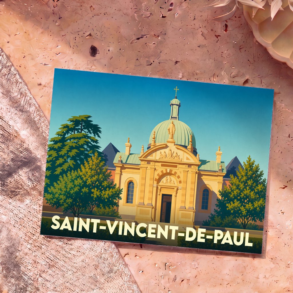 Carte postale souvenir de la ville de Saint-Vincent-de-Paul avec une illustration stylisée de sa chapelle.