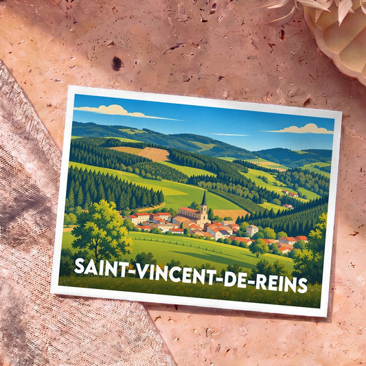 Carte postale souvenir de la ville de Saint-Vincent-de-Reins illustrant son paysage vallonné et son église.