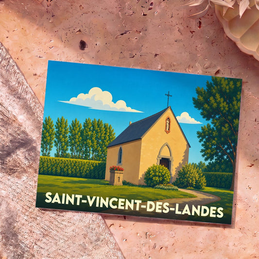 Carte postale souvenir de la ville de Saint-Vincent-des-Landes avec l'illustration stylisée d'une petite chapelle sous un ciel bleu.