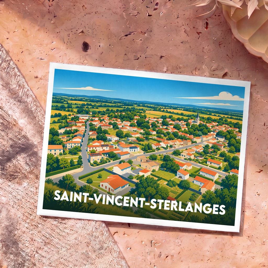 Carte postale souvenir de la ville de Saint-Vincent-Sterlanges avec une vue aérienne illustrée et colorée.