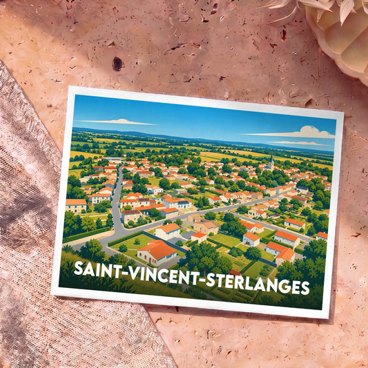 Carte postale souvenir de la ville de Saint-Vincent-Sterlanges avec une vue aérienne illustrée et colorée.