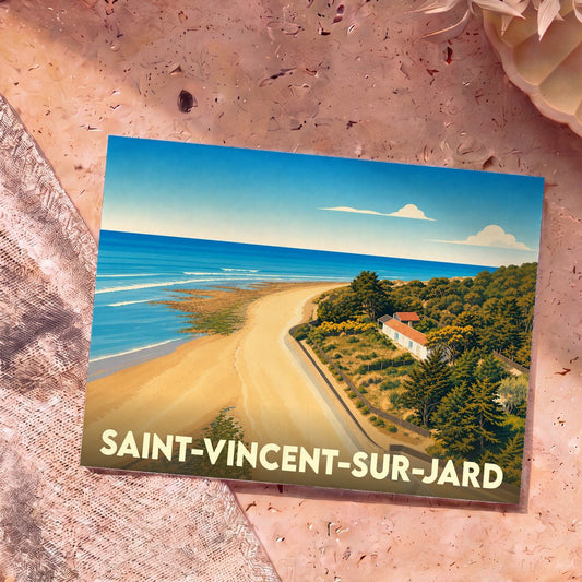 Carte postale souvenir de Saint-Vincent-sur-Jard représentant une maison de bord de mer dans un style illustré.