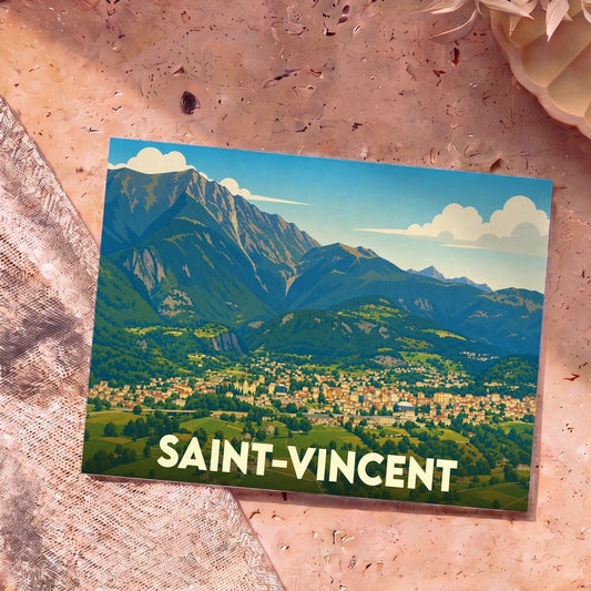 Carte postale souvenir de la ville de Saint-Vincent avec une illustration stylisée d'un paysage de montagne.