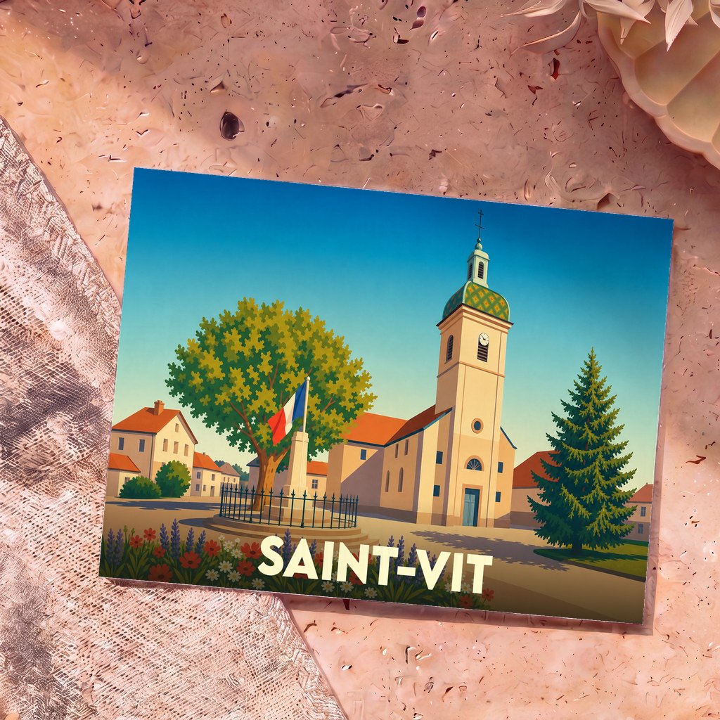 Carte postale souvenir de la ville de Saint-Vit avec une illustration stylisée d'une église et d'un drapeau français.
