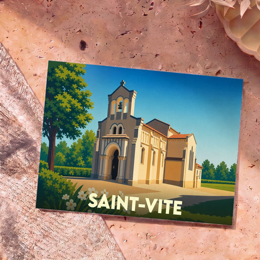 Carte postale souvenir de la ville de Saint-Vite illustrant son église dans un style graphique épuré.