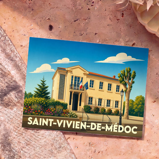 Carte postale souvenir de la ville de Saint-Vivien-de-Médoc avec une illustration stylisée de sa mairie.