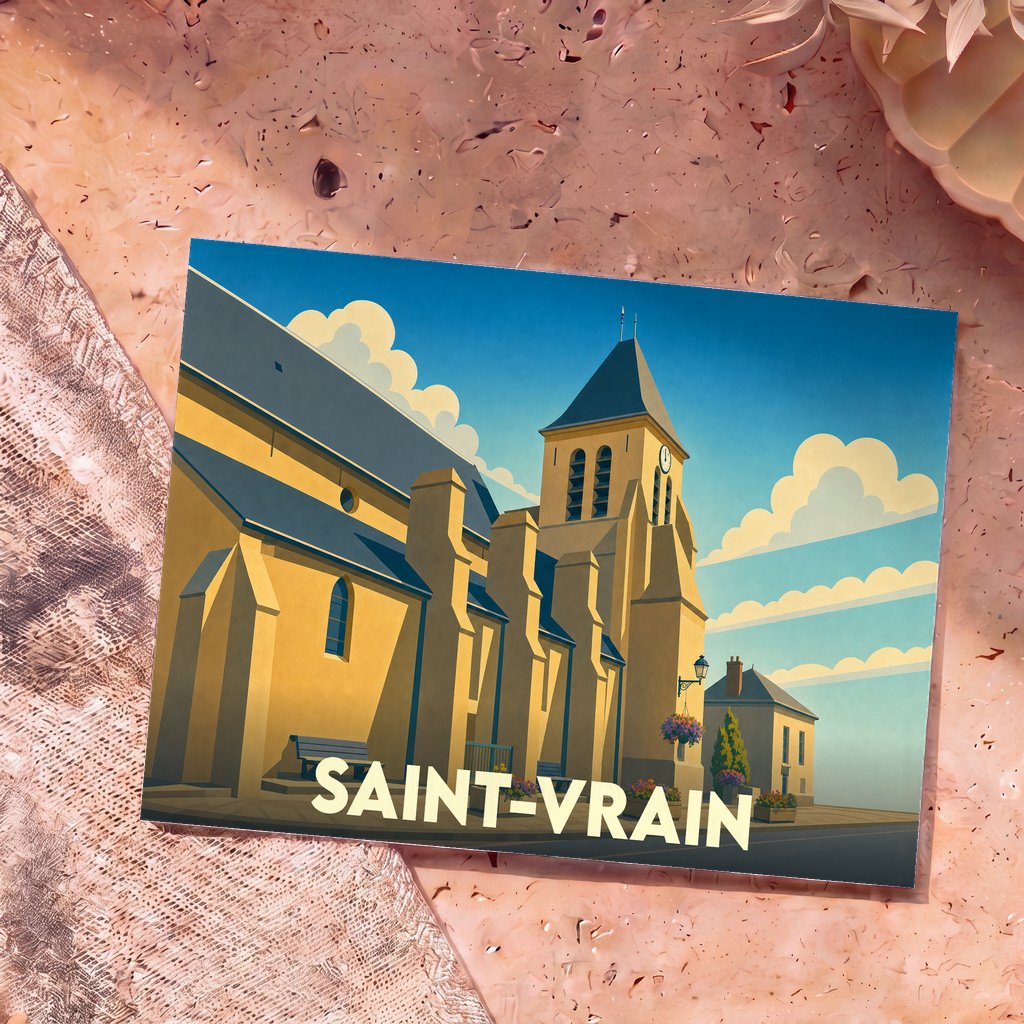 Carte postale souvenir de la ville de Saint-Vrain avec une illustration stylisée de son église sous un ciel bleu.