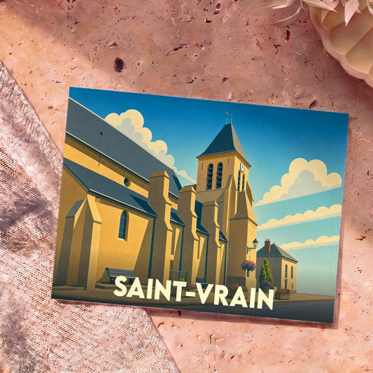Carte postale souvenir de la ville de Saint-Vrain avec une illustration stylisée de son église sous un ciel bleu.