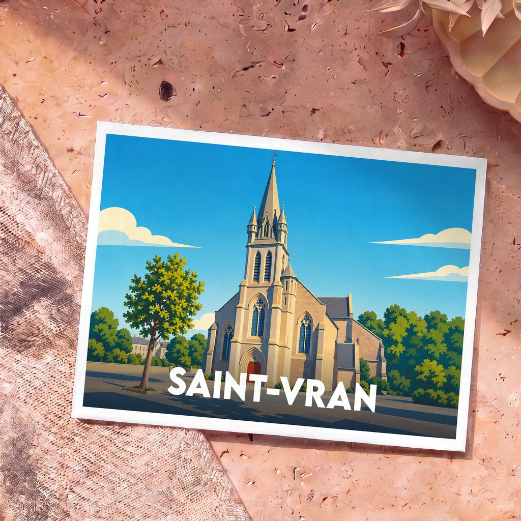 Carte postale souvenir de la ville de Saint-Vran avec une illustration stylisée de son église sous un ciel bleu.