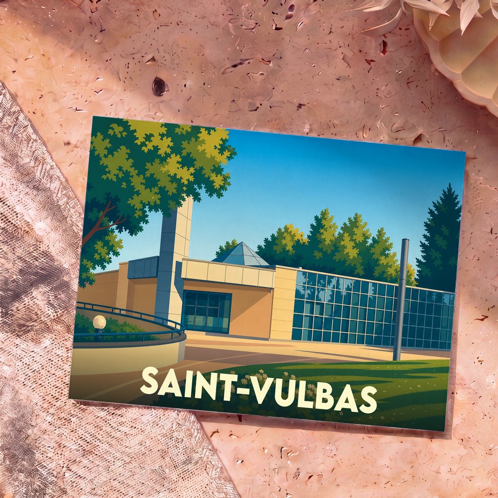 Carte postale souvenir de la ville de Saint-Vulbas avec une illustration stylisée de son architecture moderne.
